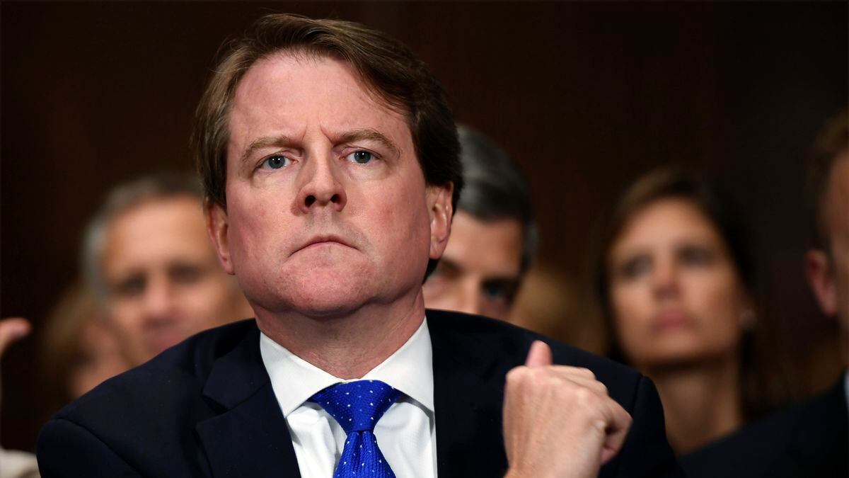 In this Sept. 27, 2018, file photo, then-White House counsel Don McGahn listens as Supreme...