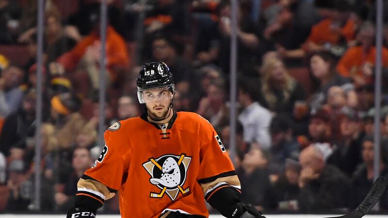 Anaheim Ducks left wing Nicolas Kerdiles stands on the ice during the second period of an NHL...