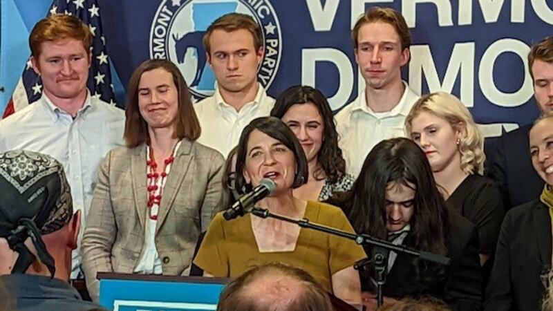 Becca Balint claiming victory in U.S. House race Tuesday night in Burlington.