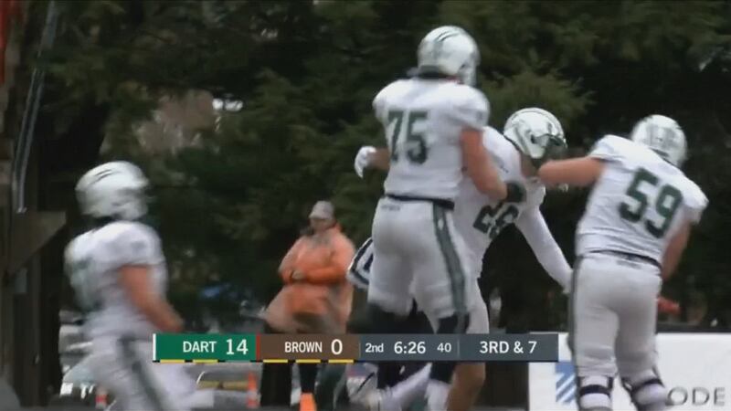 Chris Corbo celebrates a touchdown in Dartmouth's win over Brown