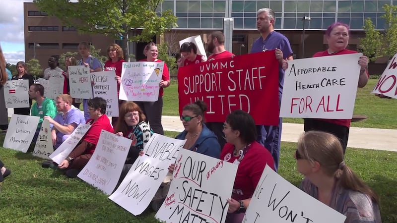 UVM Medical Center support staff on Thursday held a rally over wages.