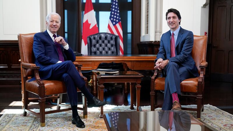 President Joe Biden meets with Canadian Prime Minister Justin Trudeau at Parliament Hill,...
