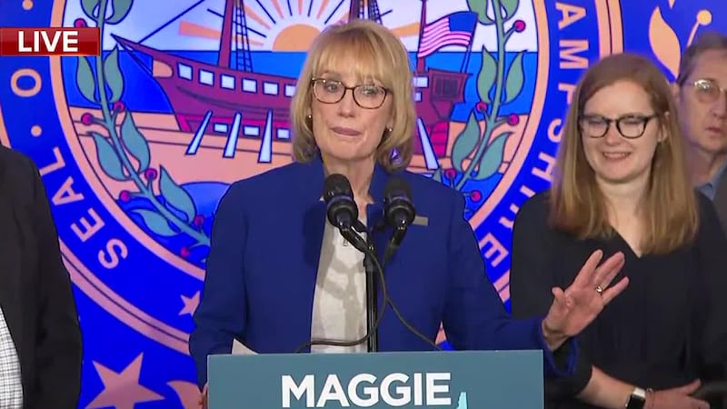 Sen. Maggie Hassan speaking to supporters Tuesday night in Manchester.