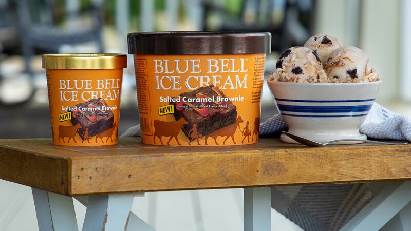 Blue Bell's Salted Caramel Brownie is available in the half gallon and pint sizes while...